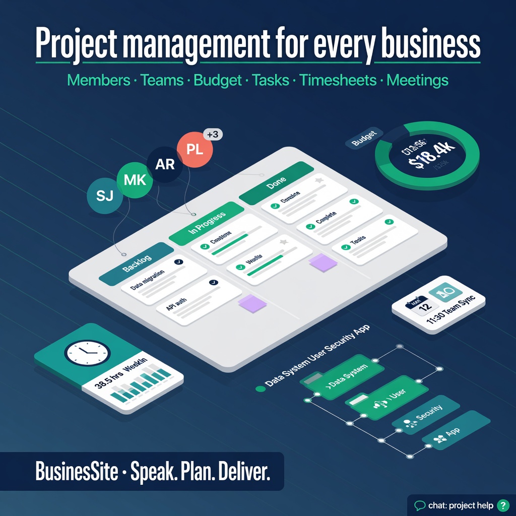 BusinesSite project management: kanban, teams, budget, timesheets, meetings